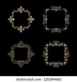Vintage set exclusive borders and frame. Wicker lines and business vector decor elements. Luxury page decoration with genuine. Design element with original, brand, product, quality, vip. Calligraphic 