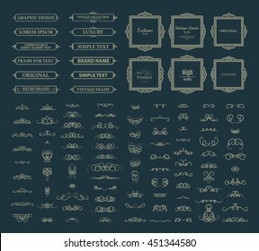 Vintage set exclusive borders and frame. Wicker lines and business vector decor elements. Luxury page decoration with genuine. Design element with original, brand, product, quality, vip. Calligraphic 