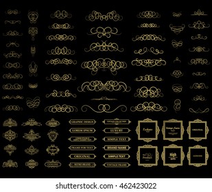 Vintage set exclusive borders and frame. Wicker lines and business vector decor elements. Luxury page decoration with genuine. Design element with original, brand, product, quality, vip. Calligraphic 
