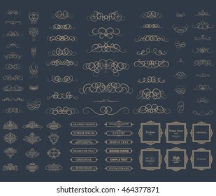 Vintage set exclusive borders and frame. Wicker lines and business vector decor elements. Luxury page decoration with genuine. Design element with original, brand, product, quality, vip. Calligraphic 