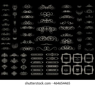 Vintage set exclusive borders and frame. Wicker lines and business vector decor elements. Luxury page decoration with genuine. Design element with original, brand, product, quality, vip. Calligraphic 