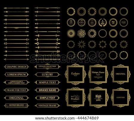Vintage set exclusive borders and frame. Wicker lines and business vector decor elements. Luxury page decoration with genuine. Design element with original, brand, product, quality, vip. Calligraphic 
