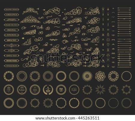 Vintage set exclusive borders and frame. Wicker lines and business vector decor elements. Luxury page decoration with genuine. Design element with original, brand, product, quality, vip. Calligraphic 