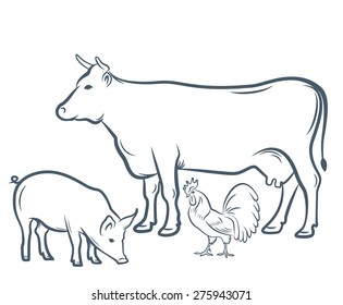 Vintage Set of farm's animals. Cow, pork, chicken. Butchery meat