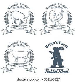 Vintage Set of farm's animals. Cow, pork, chicken. Butchery meat. Logo, labels, badges
