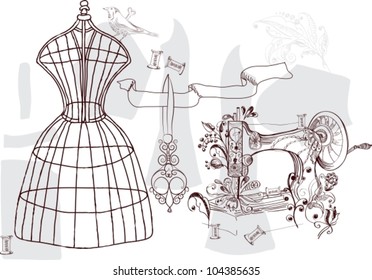 Vintage set - fashion and sewing, vector illustration