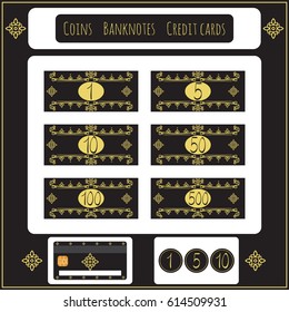 Vintage Set of fictive vector banknotes, coins, credit cards for toy store games. Isolated on black. Money for playing shop, market, marketplace, supermarket. Requisite for cash, counter, play games