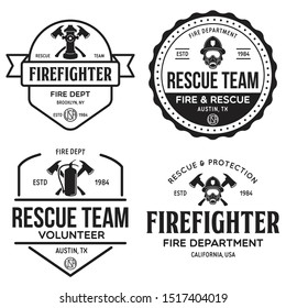 Vintage set of firefighter volunteer, rescue team emblems, labels, badges and logos in monochrome style.isolated vector illustration.