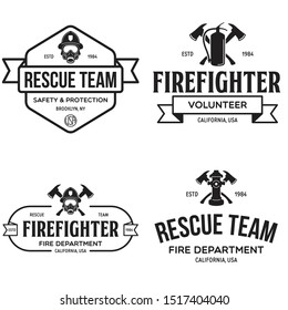 Vintage set of firefighter volunteer, rescue team emblems, labels, badges and logos in monochrome style.isolated vector illustration.