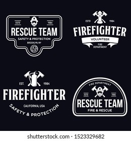 Vintage set of firefighter volunteer, rescue team emblems, labels, badges and logos in monochrome style.isolated vector illustration.