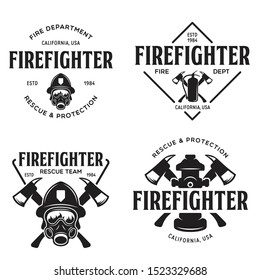 Vintage set of firefighter volunteer, rescue team emblems, labels, badges and logos in monochrome style.isolated vector illustration.