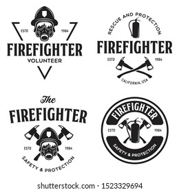 Vintage set of firefighter volunteer, rescue team emblems, labels, badges and logos in monochrome style.isolated vector illustration.
