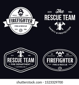 Vintage set of firefighter volunteer, rescue team emblems, labels, badges and logos in monochrome style.isolated vector illustration.