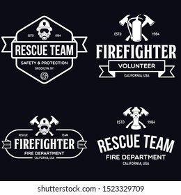 Vintage set of firefighter volunteer, rescue team emblems, labels, badges and logos in monochrome style.isolated vector illustration.