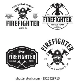 Vintage set of firefighter volunteer, rescue team emblems, labels, badges and logos in monochrome style.isolated vector illustration.