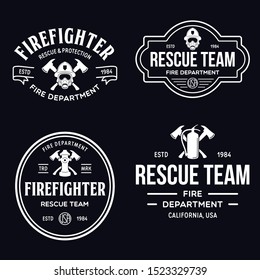 Vintage set of firefighter volunteer, rescue team emblems, labels, badges and logos in monochrome style.isolated vector illustration.