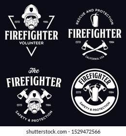 Vintage set of firefighter volunteer, rescue team emblems, labels, badges and logos in monochrome style.isolated vector illustration.