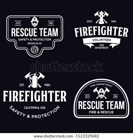 Vintage set of firefighter volunteer, rescue team emblems, labels, badges and logos in monochrome style.isolated vector illustration.