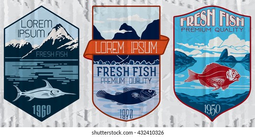 Vintage set of fish - vector. Logo, badge or label design template.