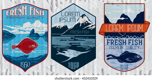 Vintage set of fish - vector. Logo, badge or label design template.