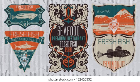 Vintage set of fish - vector. Logo, badge or label design template.