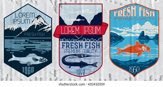 Vintage set of fish - vector. Logo, badge or label design template.