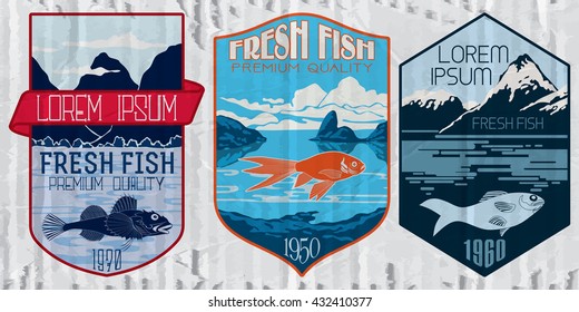 Vintage set of fish - vector. Logo, badge or label design template.