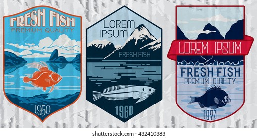 Vintage set of fish - vector. Logo, badge or label design template.