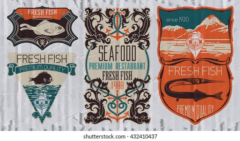 Vintage set of fish - vector. Logo, badge or label design template.