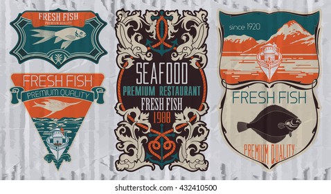 Vintage set of fish - vector. Logo, badge or label design template.