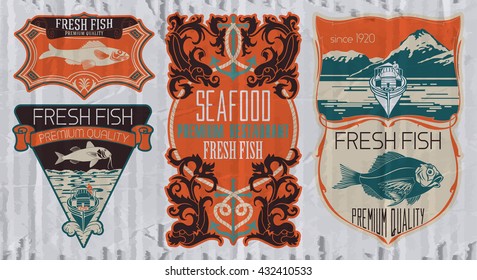 Vintage set of fish - vector. Logo, badge or label design template.