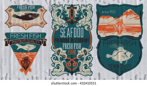 Vintage set of fish - vector. Logo, badge or label design template.