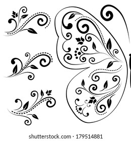 vintage set of floral black design with swirl elements isolated on white background. butterfly wing with decorative calligraphic ornament. vector illustration.
