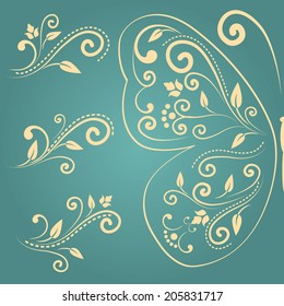 vintage set of floral design with swirl elements isolated on blue background. butterfly wing with decorative calligraphic ornament. vector illustration. 