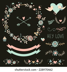 Vintage set of floral frames and compositions. Cute retro flowers arranged a shape of the wreath. Perfect for wedding invitations and romantic cards. 