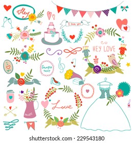 Vintage set of floral frames and compositions. Cute retro flowers arranged a shape of the wreath. Perfect for wedding invitations and romantic cards. 