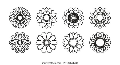 Vintage set of flowers in doodle style. Linear drawing for coloring book. Retro floral collection in the 70s style.