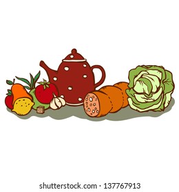 Vintage set food and kettle isolated on a white background. Food, vegetables, wurst, ham.  Cartoon drawing illustration - vector