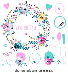 Vintage set of frames and compositions. Cute retro flowers arranged a shape of the wreath. Perfect for wedding invitations and romantic cards. Watercolor isolated vector. 