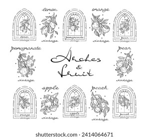 Vintage set of fruits and arches with apples, oranges, pears, pomegranates, lemons and peaches.