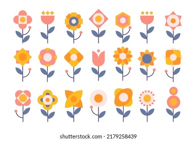 Vintage Set of Geometric Flower, Foliage Collection with colorful floral Botanical bundle Elements. Nature of plants garden. Hand drawn Flat Style, suitable for wedding invitation or banner template