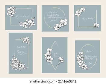 Vintage set geometrics templates frame with flowers for design wedding invite greeting card holidays. Hand drawn illustration.