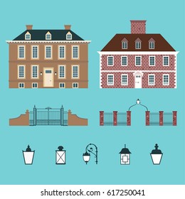 Vintage set of Georgian houses, gates and street lamps. Vector illustration.