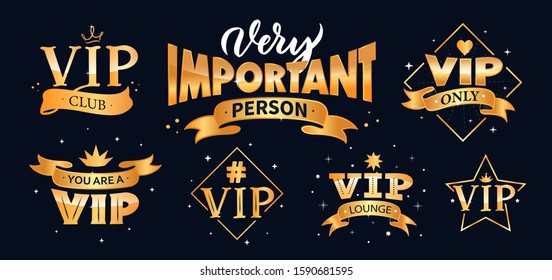 The vintage set of Gold lettering in the dark background. Hand drawn phrases is good for Vip club, t-shirt designs, posters, ads etc. Vector illustration