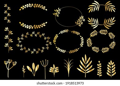 Vintage set with gold wreaths on black background. Isolated vector illustration. Winner award. Stock image. EPS 10.