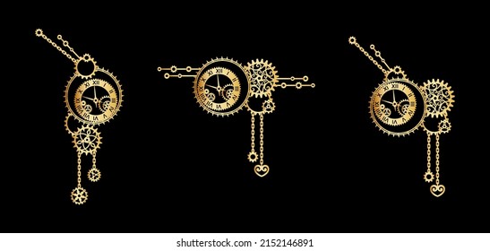 Conjunto vintage de elementos decorativos dorados con relojes, engranajes, ruedas cognitivas y cadenas sobre un negro. Mecanismo. Steampunk. Plantilla de diseño de vectores para tarjeta de saludo de vacaciones, banner, afiche, señalización e impresión