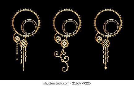 Vintage set of golden decorative elements with clock-face, gears, cogwheels, curls and chains on a black background. Steampunk. Vector design template for holiday greeting card, poster, signage, label