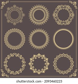 Vintage set of golden vector round elements. Different elements for design frames, cards, menus, backgrounds and monograms. Classic patterns. Set of vintage patterns