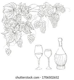 Vintage set of grape things, hand-drawn style. Vine, bottle of wine and glasses.Vector illustration.