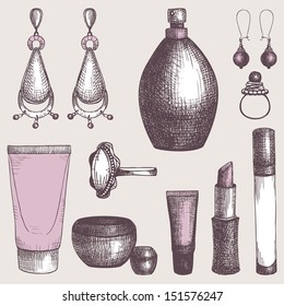 Vintage set of  graphic cosmetics and jewelry elements. Vector collection with fashion elements.